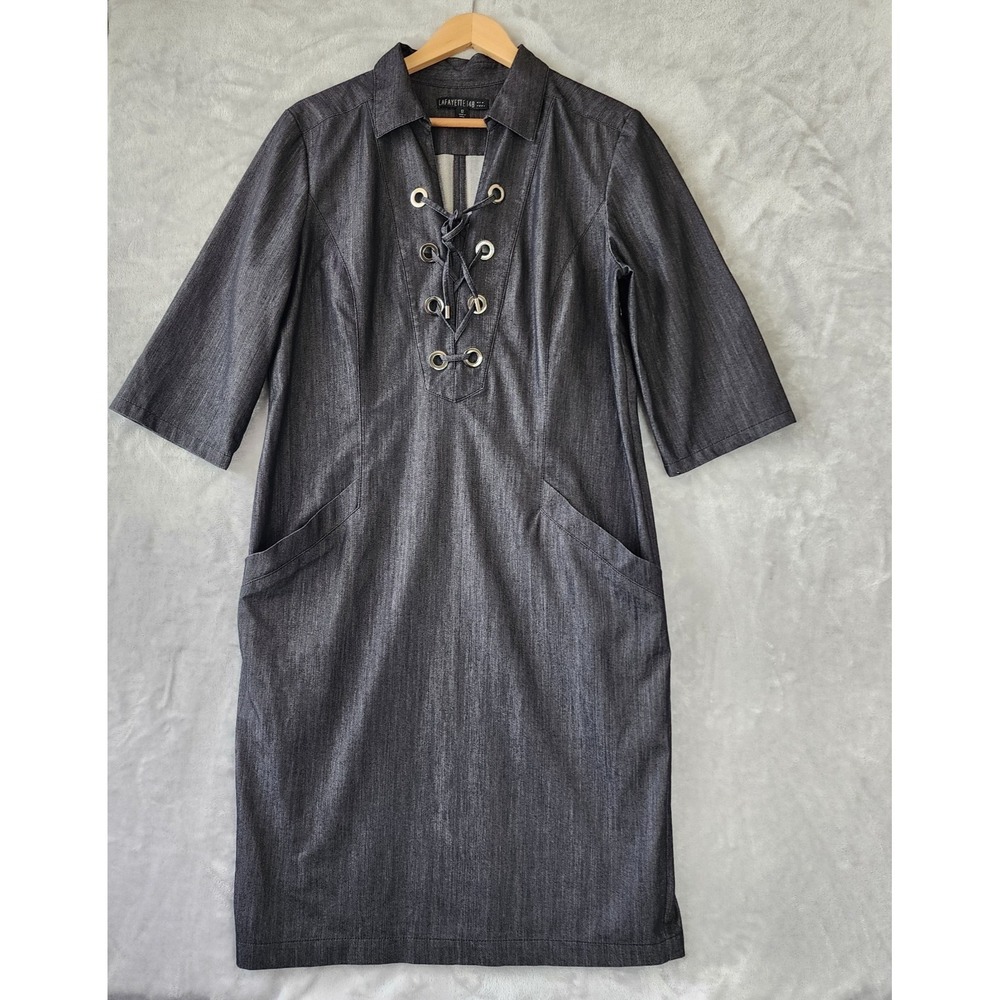 Lafayette 148 Dress Womens Size 12 Black Chambray Denim Wash Corset Tie Front